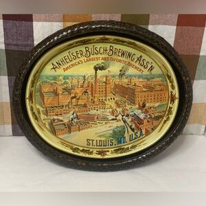 ANHEUSER-BUSCH BREWING ASSOC. COLLECTIBLE SERVING TRAY w/ BAMBOO HOLDER